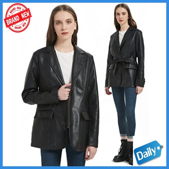 Faux Leather Blazer Jacket with Removable Belt, Long Sleeve, Regular Fit - Picture 3 of 7